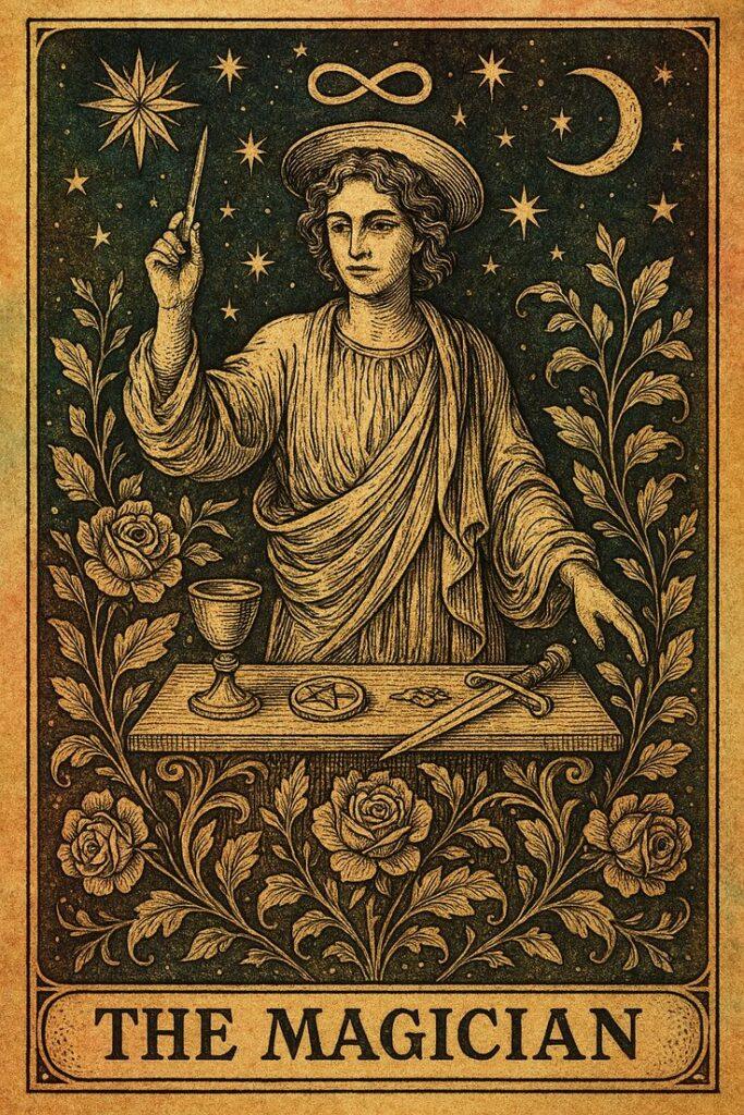 Carta do arcano I do tarot representada pelo Mago;