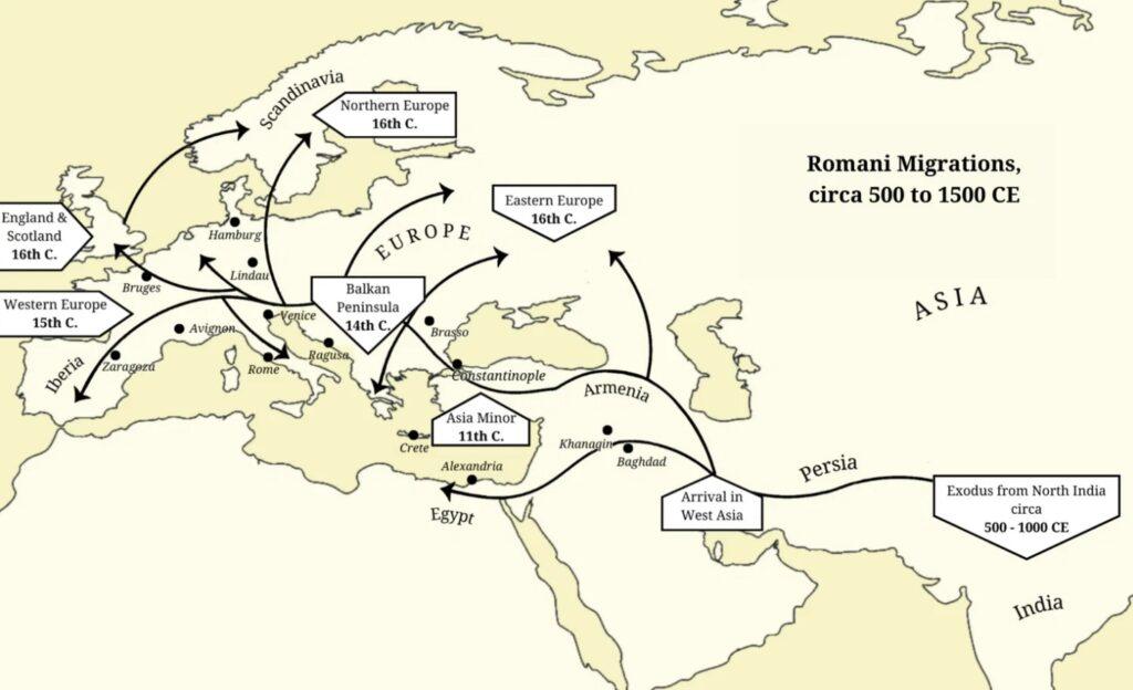 Mapa da Diáspora Cigana entre os séculos XI a XVI.